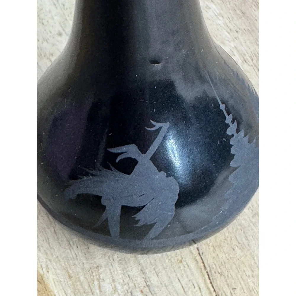 Southwestern‎ Black Etched Pottery Bud Vase Kokopelli Desert Bird 6.5 Inch